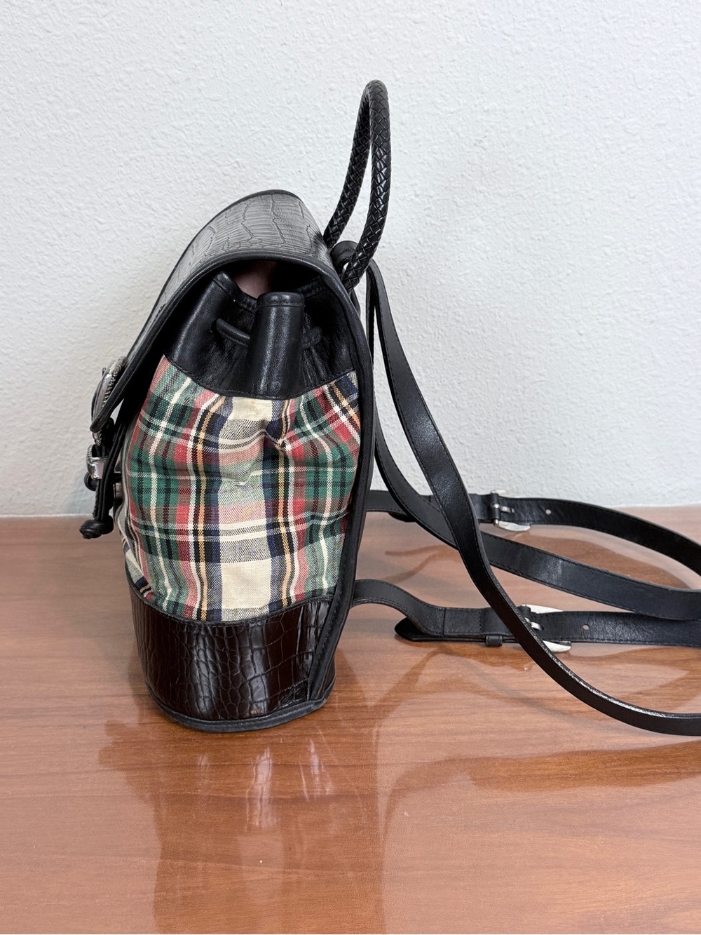 Vintage Brighton Black Croc-Embossed Leather Plaid Backpack - Picture 4 of 10